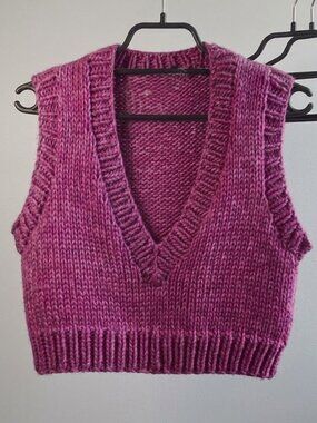 Handknit Sweater Vest - Pink Purple V-Neck Knit Top